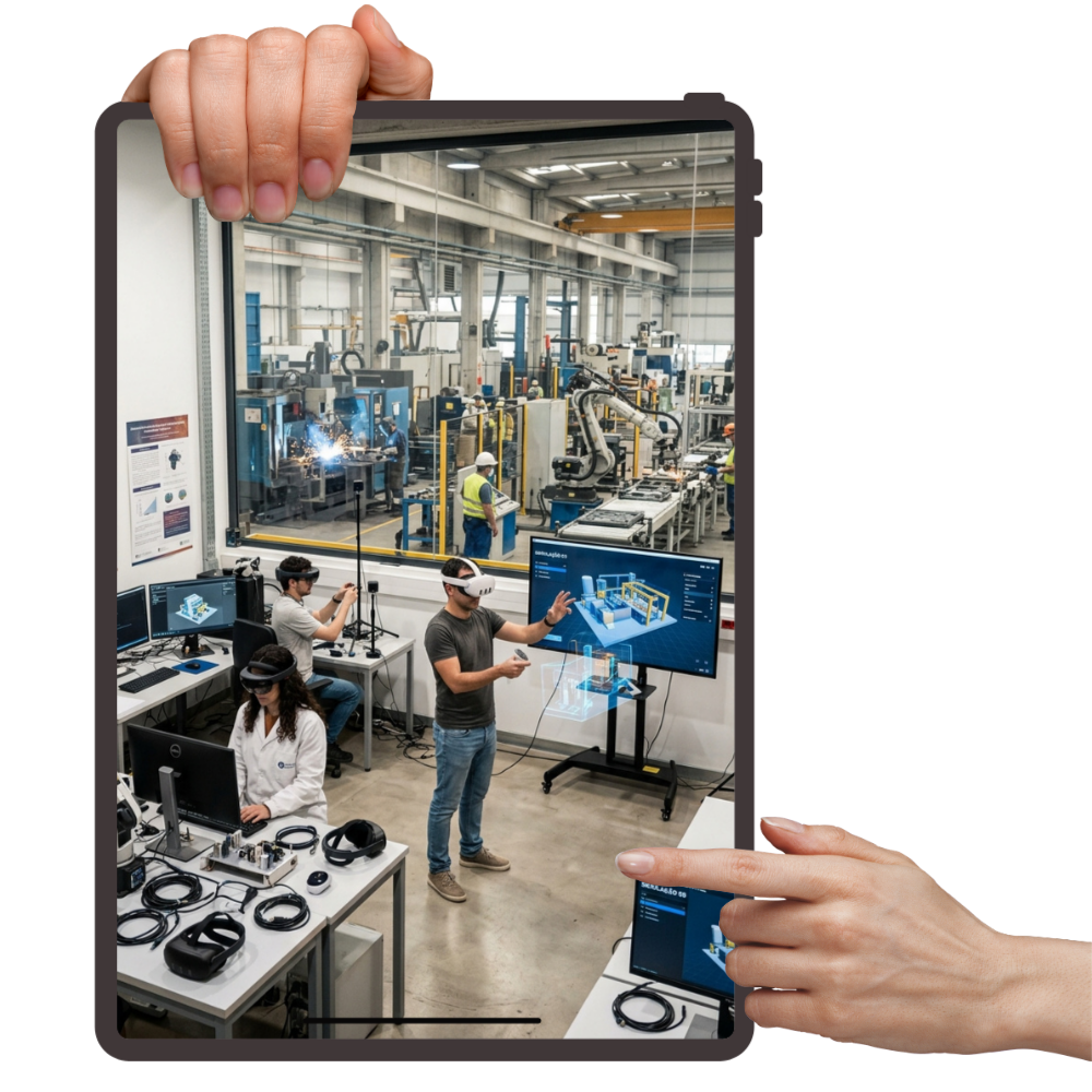 Prototipagem virtual e simulação industrial com modelos 3D e dados técnicos